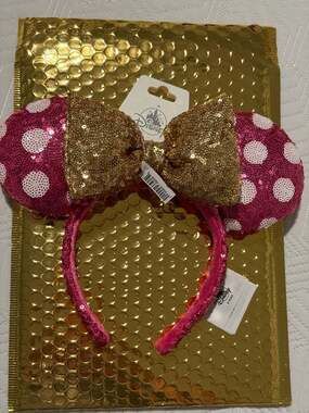 Disney Parks Minnie Mouse Ears Pink Sequin Polka Dot with Gold Sequin Bow